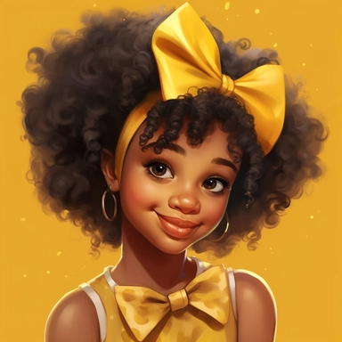 illustration concept of cartoon african girl with a bow clip art, in the style of lilia alvarado, yellow and gold, poodlepunk, walt disney, realistic portrait drawings, charming anime characters, 32k uhd