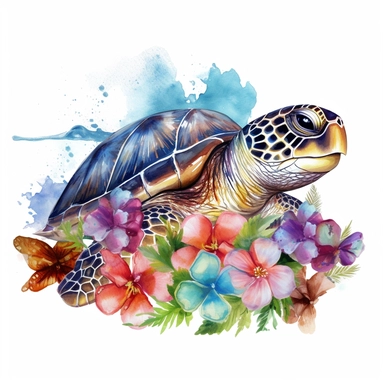 watercolor turtle with hawaii flowers in the background, white background, clipart