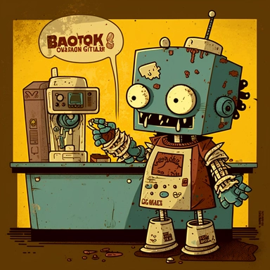 garbage pale kids format, pop surrealism digital art image of broken down, old, rusting, cartoonish, humanoid robot wearing tattered uniform made of human clothing, behind the counter of a fast food restaurant puring a drink from a tap, in a satirical style. Art style inspired by artists like Tara McPhereson, Nooligan, and Robin Eisenberg. To be used for digital clipart. Change up the color and shape of the robot from previous generations
