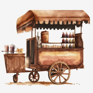 watercolour American style brown wooden coffee cart,beautifully deatailed American style coffee cart,png image,high resolution,300 dpi,graphic clipart,computer graphics