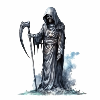 Grim Reaper hold the scythe, standing next to the tombstone, skulls Sublimation Clipart, watercolor Illustration clipart, 4K, extremely detailed, isolated on white background