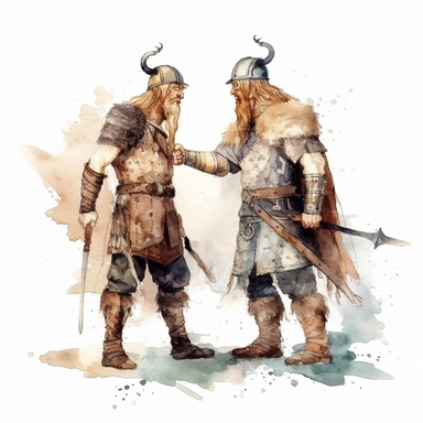 two vikings greeting each other on land watercolor clipart