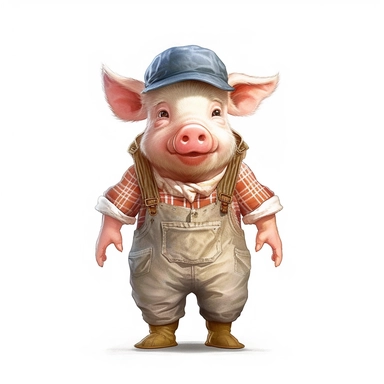 Adorable cute fantasy pig dressed like a farmer, nursery art, clipart image, lineart image, white background, very detailed, 8k