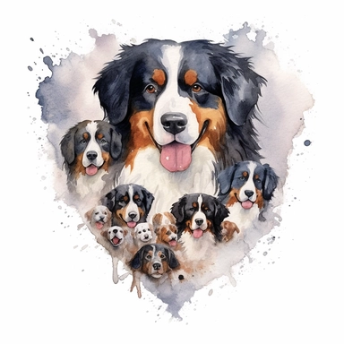 Loving Bernese Mountain Dog surrounded by a loving family, with its head held high and a heart full of affection, white background, watercolor clipart.