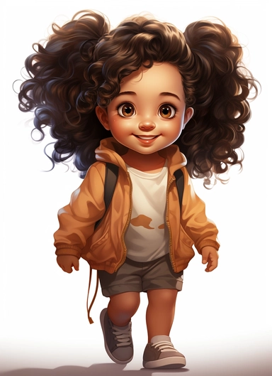 cute african american baby girl, cartoon style, happy, with hands holding, clipart, white backdrop, no watermark