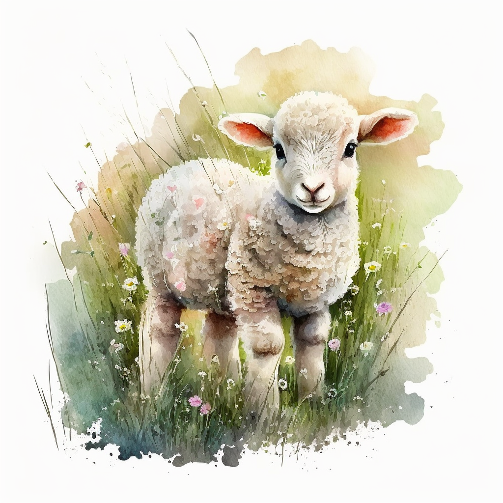 clipart watercolor cute baby sheep small on the grass on the village ...