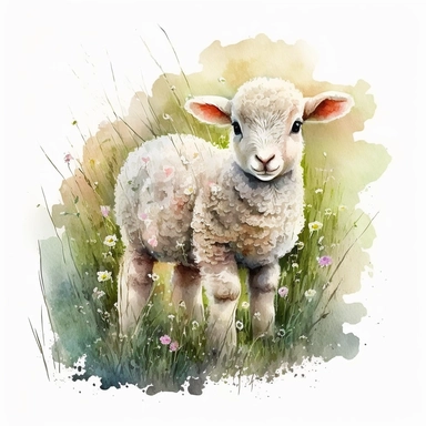 clipart watercolor cute baby sheep small on the grass on the village