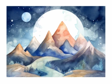 Simple mountain range with Whimsical rolling hills and mountains for a children's book, night scene, watercolor, clipart, white background,