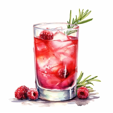 A whimsical concoction of vodka, raspberry liqueur, cranberry juice, and a splash of sparkling water. Stirred with love and garnished with a fresh raspberry and a sprig of rosemary, watercolor clipart, white background
