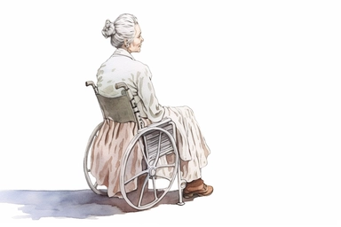 full body back view tall thin 50-year old woman wearing white dressing gown with white hair in braids sitting in old wheelchair, her right hand is to the side on a table, on lawn, watercolor, and ink drawing, clipart, happy, gentle smile, beautiful watercolor ink wash coloring, thick pencil lines, Wes Anderson, Adrian tomine, popular on etsy, watercolor illustrations clipart, watercolor illlustrations for kids, white background, golden hour