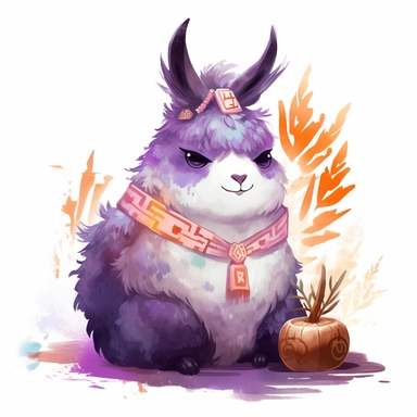 plump purple llama portrait game character, Wuxia, pumpkin crown on her head, kabuki, full body, hyper detailed, Studio Ghibli and Makoto Shinkai, cartoon style, 2d watercolor clipart vector, cozy, creative and imaginative, hd, white background