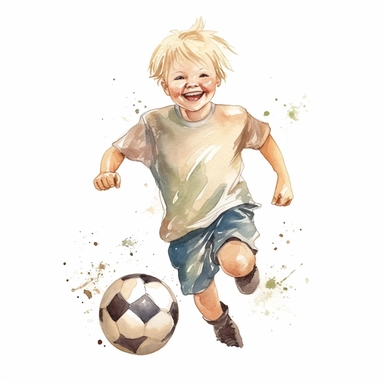 watercolor style a smiling happy boy with blond hair playing soccer childish sweet cute clipart neutral colors on white background