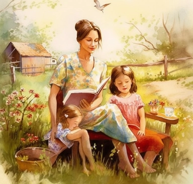DESIGN A MAGNIFICENT AND EXQUISITE BREATHTAKING ONE-OF-A-KIND HIGH QUALITY HIGHLY DETAILED MASTERPIECE WATERCOLOR CLIPART ILLUSTRATION OF A STUNNING mother with daughters READING THEM A BOOK beautiful watercolor illustration, in the style of nikon pc-e micro nikkor 85mm f/2.8d, romanticized country life, mixes painting and ceramics, i can't believe how beautiful this is, brushstroke fields, light pink and brown, children's book illustrations, ULTRA REALISTIC, WHITE BACKGROUND