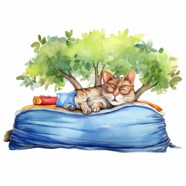 Cute cat with sunglasses is sleeping on a big blue colored air mattress, lovely scene in nature below a tree, Sublimation graphics, by Beatrix Potter, watercolour clipart, unique design, print on demand image, white background, 8k,