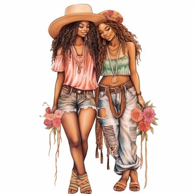 boho Best Friends Clipart, beautiful African American Girlfriends, full body, fashion, pretty face no text, no watermark white background