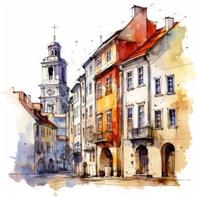 a Poland Warsaw Old Town in the style of watercolour clipart with detailed brush strokes