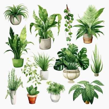 BOSTON FERN, DWARF DATE PALM, SPIDER PLANT, CHINESE EVERGREEN, DEVIL’S IVY, BROADLEAF LADY PALM, PEACE LILY, BARBERTON DAISY, watercolor, Object, vector collection, clipart, 8k, white background.