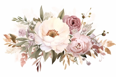 Dusty pink and white flowers, peonies, austin roses, big blooms, with muted green whispy foliage with gold flicks, elegant and beautiful floral clipart for wedding invitations, delicate, watercolor, oil painting, defined edge on white background