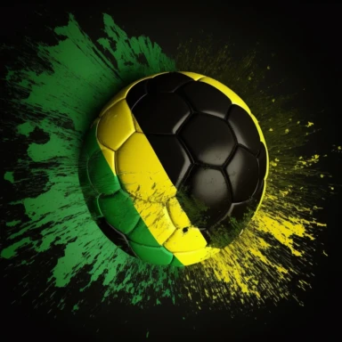 clipart, kick ball effect on a soccer ball, smash, smashing a net Jamaica colors, Jamaica flag on soccer ball, black background 8k