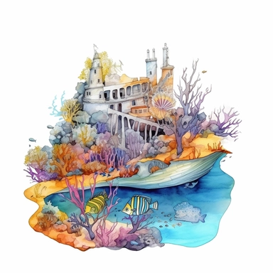 watercolor underwater shipwreck, in a cove , fish coral plant and bubbles, shades of coral turquoise yellow and blue, glamorous, very detailed and realistic, white background with margins, clipart style
