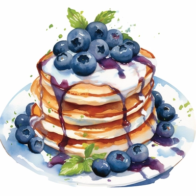 blueberries, watercolour, clipart, high quality, blueberry pancakes, cream on top, on plate