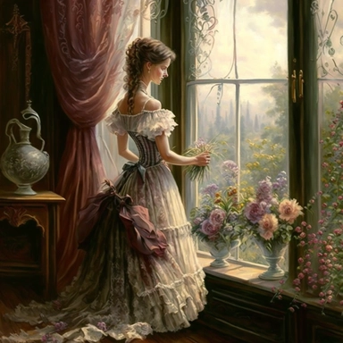 beautiful lady, very detailed, wearing beautiful flowing dress, standing by large victorian window, looking out the window, beautiful romantic bouquet of flowers, beautiful crystal ornate vase, sitting on table with decorative tablecloth, infront of large victorian window with beautiful flowing curtaings, soft colors, crisp colors, ribbon, very detailed, fantasy, romantic, clipart style