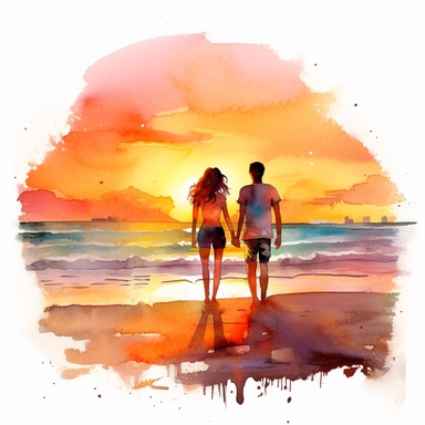 sunset, beach, clipart, watercolor, a couple