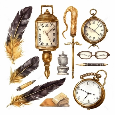 set of golden antique objects. old keys, clock, ink feather pen, nostalgic glasses isolated on white background. Watercolour clip art