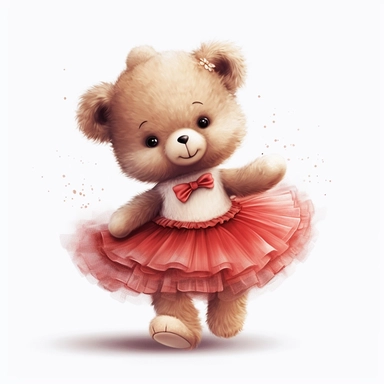 Adorable cute fantasy Teddy bear dressed like a Romantic ballerina, wearing red tutu, nursery art, clipart image, lineart image, white background , very detailed, 8k