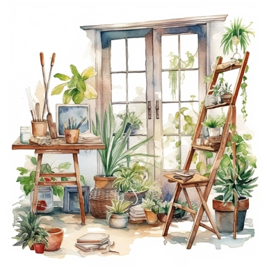 A boho style home working corner with watercolor effect, boho style tools, boho style big window, , boho style details, boho colors, suitable for digital clipart, white background, boho style green plants, boho flowers