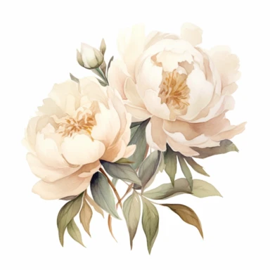two white and beige watercolor Peony with leaves in the background, soft muted color, clipart, multiple flowers in a bouquet, different composition, ultrarealistic, high details, emotive fields of color, charming illustrations, bloomcore, fairycore, soft color, whimsical, isolated on white background