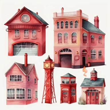 watercolor clipart of a cute red fire station , different lateral standing poses, cute cartoon building, pastel