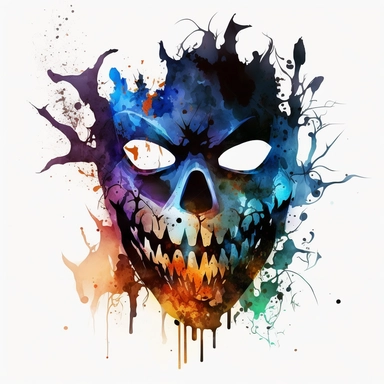 scary halloween mask watercolour tempera clipart illustration, vivid dark colours, clean, crisp, smooth, white background