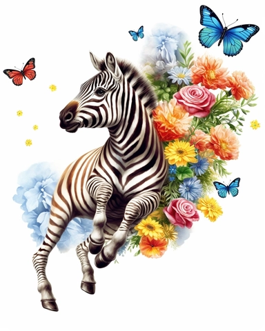 detailed watercolor Baby Zebra jumping on flowers , hyper realistic, isolated on a white background, clipart
