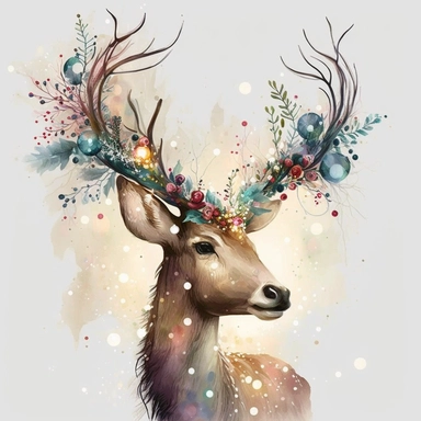 watercolour fairytale cute Christmas reindeer with Christmas lights on antlers with Christmas flowers beautifully detailed cute Christmas reindeer , png image,high resolution,300dpi,graphic clipart,computer graphics