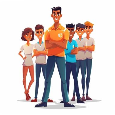 group of PE students with a teacher in the front, clipart,cute,clean,flat vector design, 2d,detailed, t-shirt vector design, isolated in white background