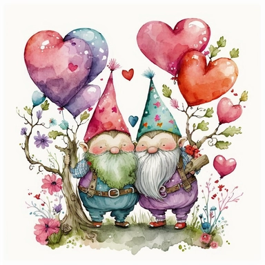 Watercolor happy gnomes valentine theme with heart balloons, Clipart, Colorful, Retro, highly detailed on white background