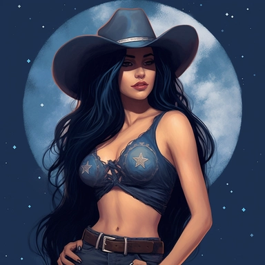Beautiful cowgirl with long dark blue hair holding her hat, half moon behind her, dark sky with star background, illustration, procreate digital paiting, fanart, cartoonist, western dress blue, blue corset, clipart