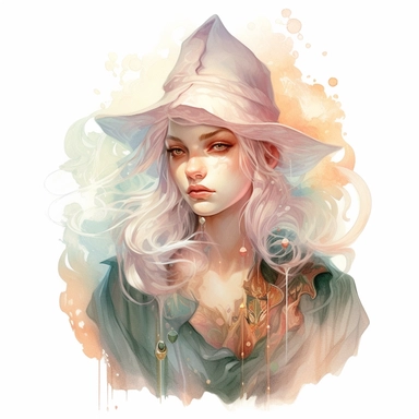 female elf wizard, clipart, intense white and deep pastel colors, dnd, watercolor, no background, isolated on a white background, self contained, well defined edges, by amy sol and magali villeneuve and susan bourdet and ross tran, spaced out, glowy, intricate, 8k