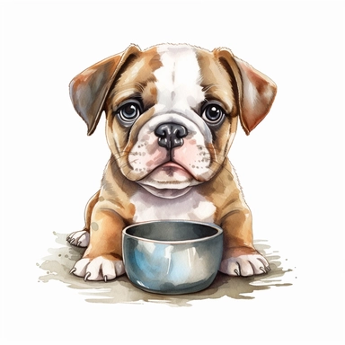 cute adorable small baby bulldog watercolor clipart, big shiny adorable puppy eyes, drinking water from a dog bowl, cartoonish character, smiling, no background, no text, High quality