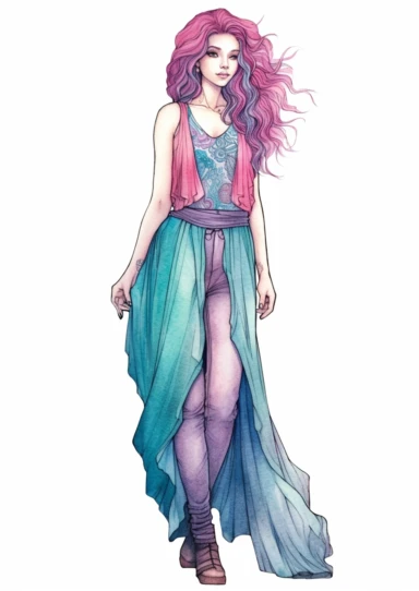 line drawing of full body view of 24 year old woman stood waiting, patient, whimsical, magical, colour scheme teal, purple, pink, watercolour clipart, 8k, extremely detailed high quality, isolated on white background