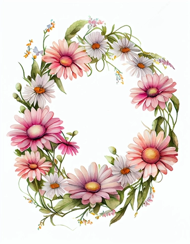 detailed vibrant watercolor baby pink daisy flower wreath with very wide middle white space , isolated on white background, realistic, clipart, high definition
