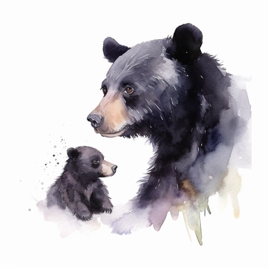 Watercolor relaistic animals, cute baby black bear with father clipart, white background, no caption, no text