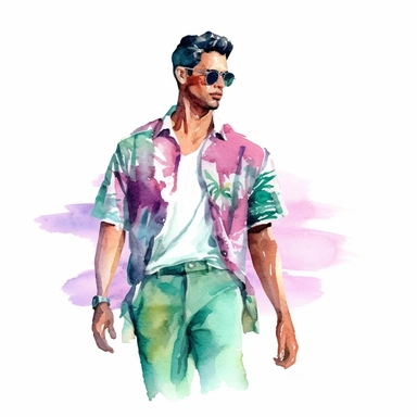 watercolor aboriginal hawaii man on the beach in aloha shirt clipart , in the style of light magenta and light emerald