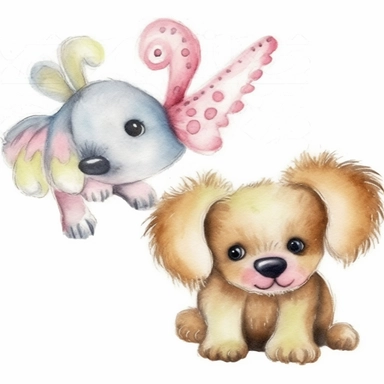2 cute whimsical puppy cliparts, dogs, Canis lupus, realistic, photorealistic, anatomically accurate, lifelike, doodled by a child, folk art, watercolor texture, soft brush strokes, clipart on white background, high resolution, free margins