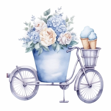 Watercolor wedding icecream blue stand, wedding clipart, simple, soft colors, cartoon elements, watercolor boho style, white transparent