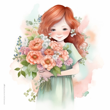 Tilda With An Armful Of Flowers watercolor clipart by Crissy Armstrong and Krista Heij-Barber,