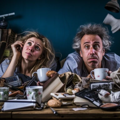 a married couple won against the odds now exhausted but happy and satisfied, old coffee mugs scattered around, multiple mobile phones on table that they are leaning on, laptops on table, sleepy, tired, messy, like the person has not slept and not washed all week, old food, amusing, satirical, coffee cup in the foreground, emphasis on the mobile phones on the table and the laptops