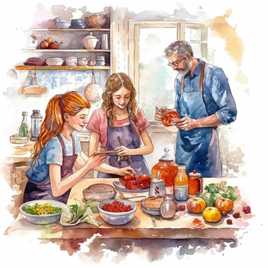 Create watercolor clipart of kitchen scenes, such as a person cooking or a family having a meal together. Use a mix of warm and cool tones to create a harmonious and inviting atmosphere in the clipart, white background