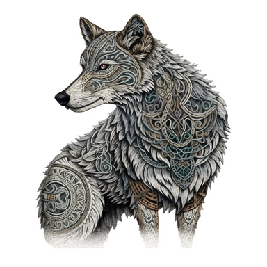 an embroidery design of a celtic wolf, highly detailed, white background, clipart